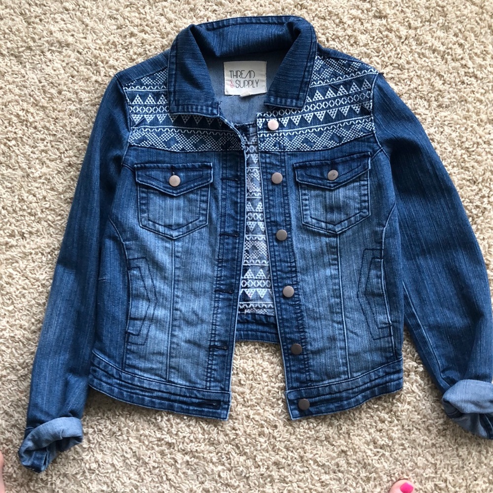 Thread & Supply Blue Denim Jean Jacket with White Aztec Detail